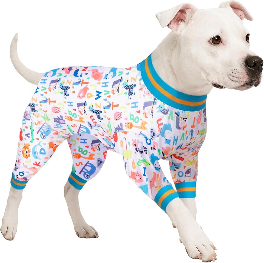 LovinPet Dog Onesie for Surgery Male Large Breed, Undershirt for Pitbull Dog, Lightweight Stretchy Flannel Fabric, White Noah's Ark Alphabet Print, Big Dog Jammies, Uv Protection Shirt, Easy to Wear, 2XL