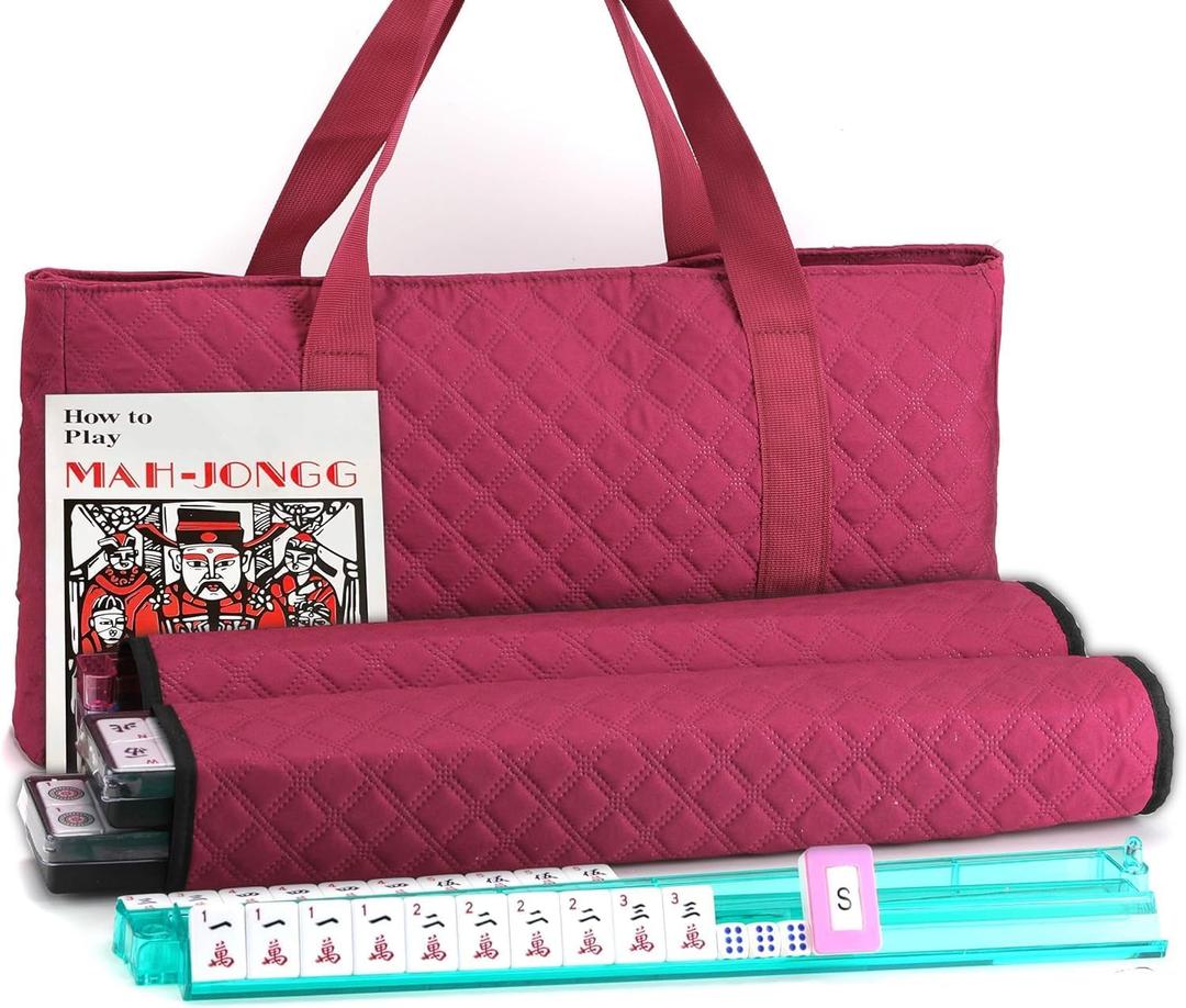 Mose Cafolo American Mahjong Game Set - Red (Burgundy) Quilted Soft Bag - 166 White Engraved Tiles, 4 All-in-One Rack/Pushers Complete Western Mah-Jongg, Maj Jongg, Ma Jong Set
