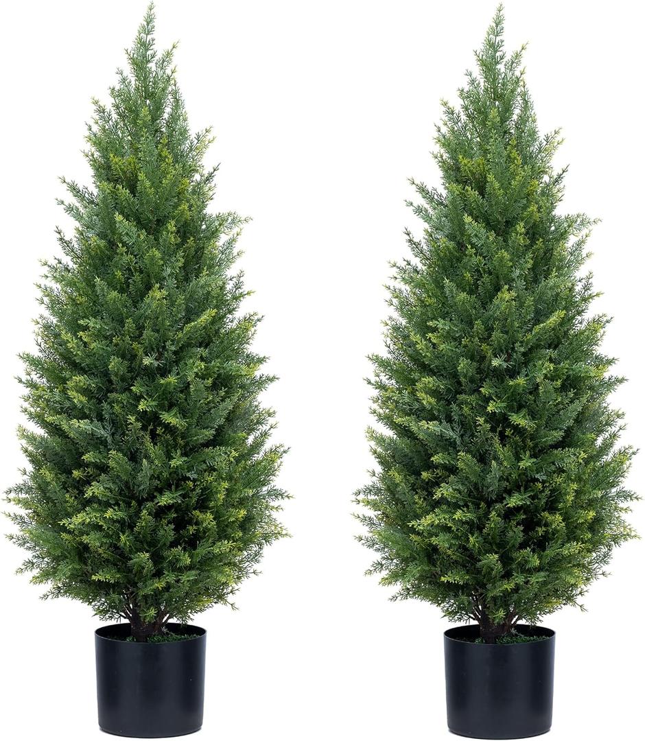 3ft Artificial Topiary Trees Artificial Cedar Trees UV Resistant Bushes Potted Set of 2 Faux Shrubs for Outdoor Indoor Front Porch Garden