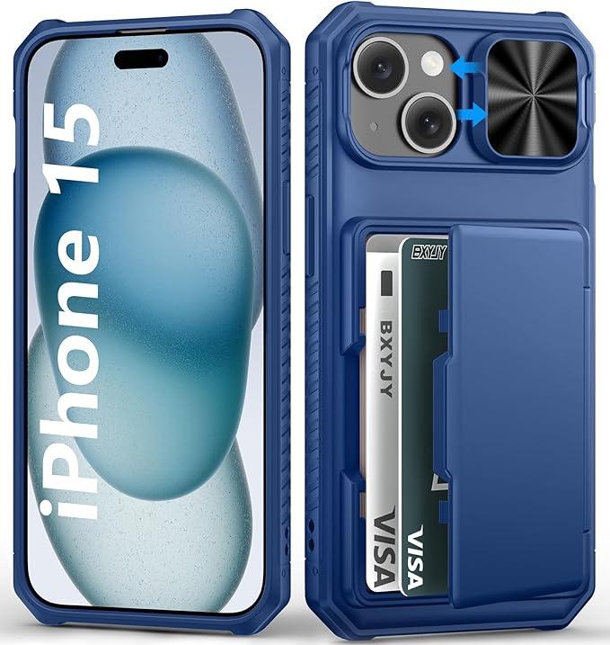 BXYJY for iPhone 15, iPhone 14, iPhone 13 Case Wallet, Builtin Card Holder(45 Cards), Slide Camera Cover, Military Grade & RFID Protection, Heavy Duty Women Men Phone Case for iPhone 15/14/13, Blue