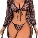 RoseSeek Women's Lace Sheer Leopard Lingerie Set Wireless Halter Triangle Bra and Panty Set with Belted Robe (Brown, L)