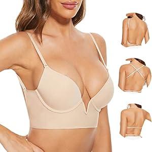Low Back Bras-Seamless Deep-V Plunge Invisible Backless Bra-Underwire Lightly Lined Halter Multiway Low Cut Bra(Nude, 34B)