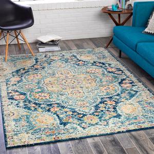 Livabliss Area Rugs - 8x10 Romaine Vintage Boho Navy Sky Blue Rose Area Rug for Living Room Bedroom - Floral Medallion Stain Resistant Carpet for Kitchen, Nursery, Office (7'10" x 10'3")