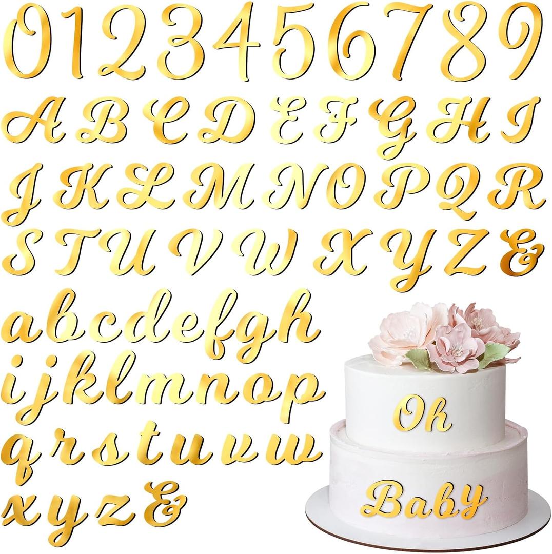 Jspupifip 128 Pcs Acrylic Alphanumeric Cake Topper Diy Cake Decoration with Mirror Number 0-9 and Alphabet A-Z Personalized Cake Picks Decor Anniversary Baby Shower Party Supplies(Gold)