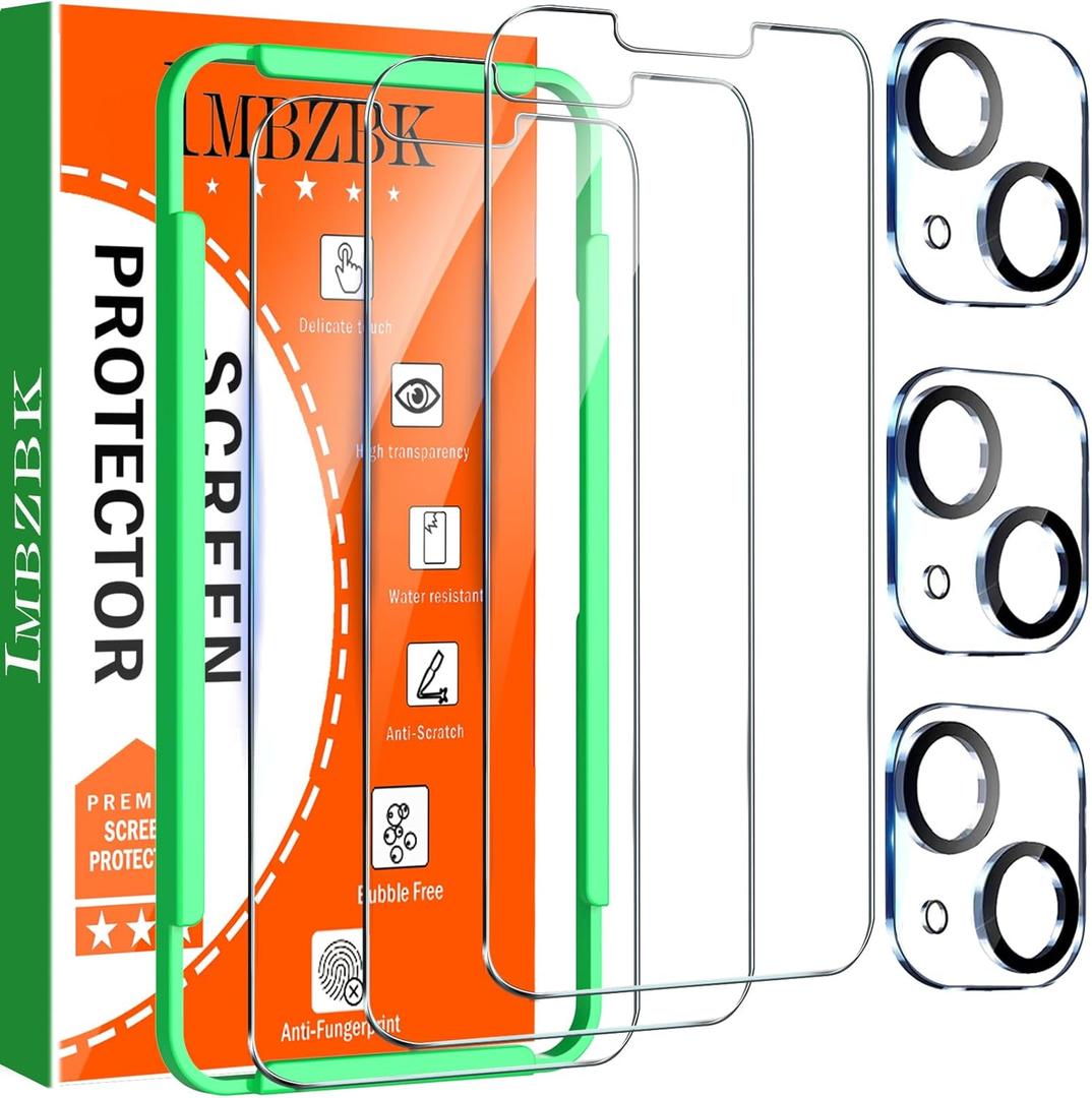 IMBZBK 3 Pack Screen Protector for iPhone 13 Tempered Glass with 3 Camera Lens Protector, Accessories 9H Anti Scratch for Apple 13, 2.5D Curved, Case Friendly, Transparent