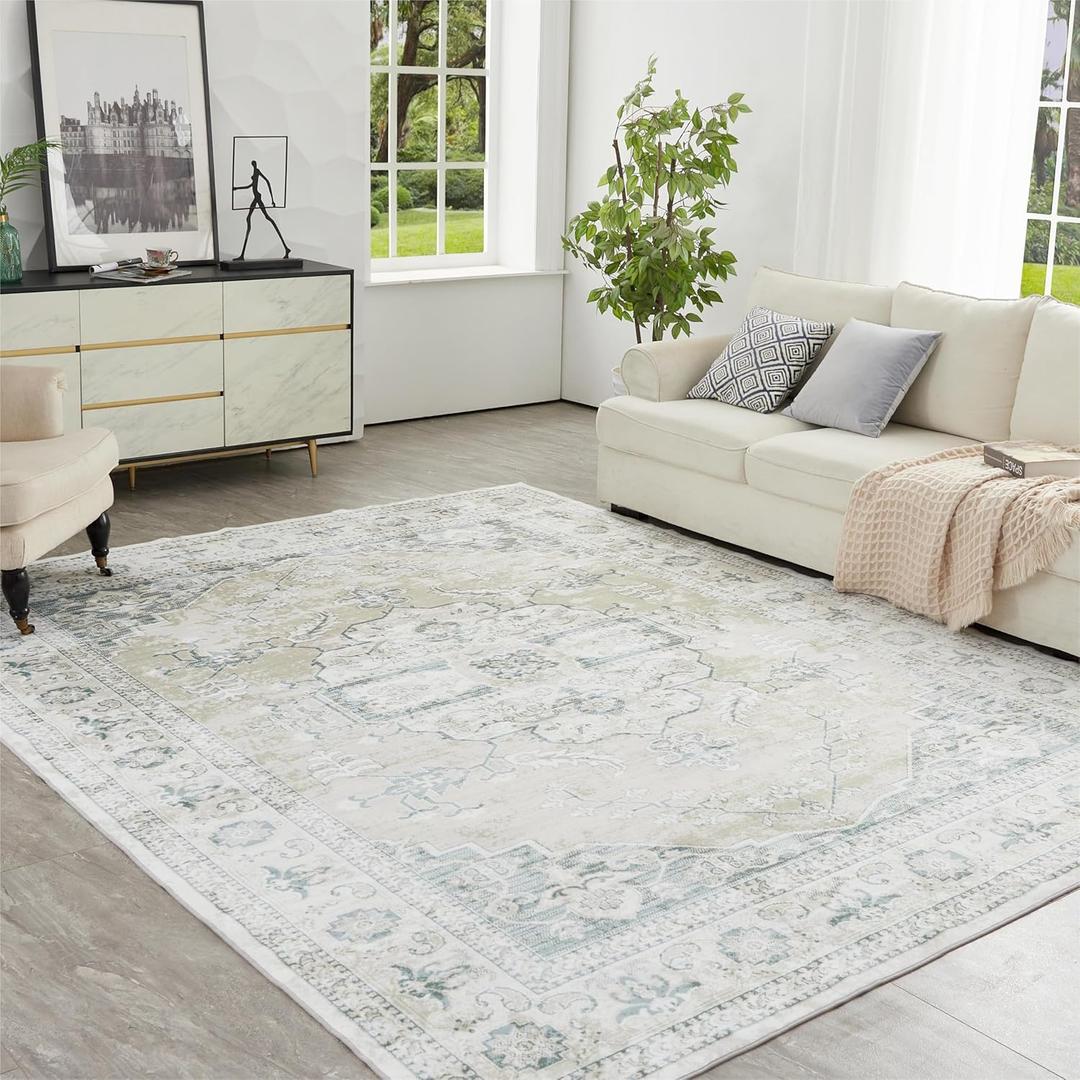 Syalife Washable Rugs, 3'x 5' Distressed Indoor Non-Shedding Low Pile Carpet with Non Slip Backing, Vintage Area Rugs for Living Room, Bedroom, Dining Room, Office (Tan, 3'x 5')