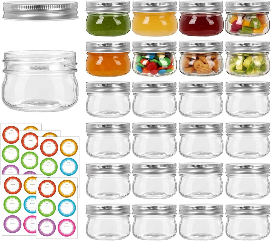 24 Pack 4 oz Mason Jars with Sliver Lids, Glass Canning Jars with Regular Mouth Lids, Canning Jars for Jam, Candy and Wedding Favors