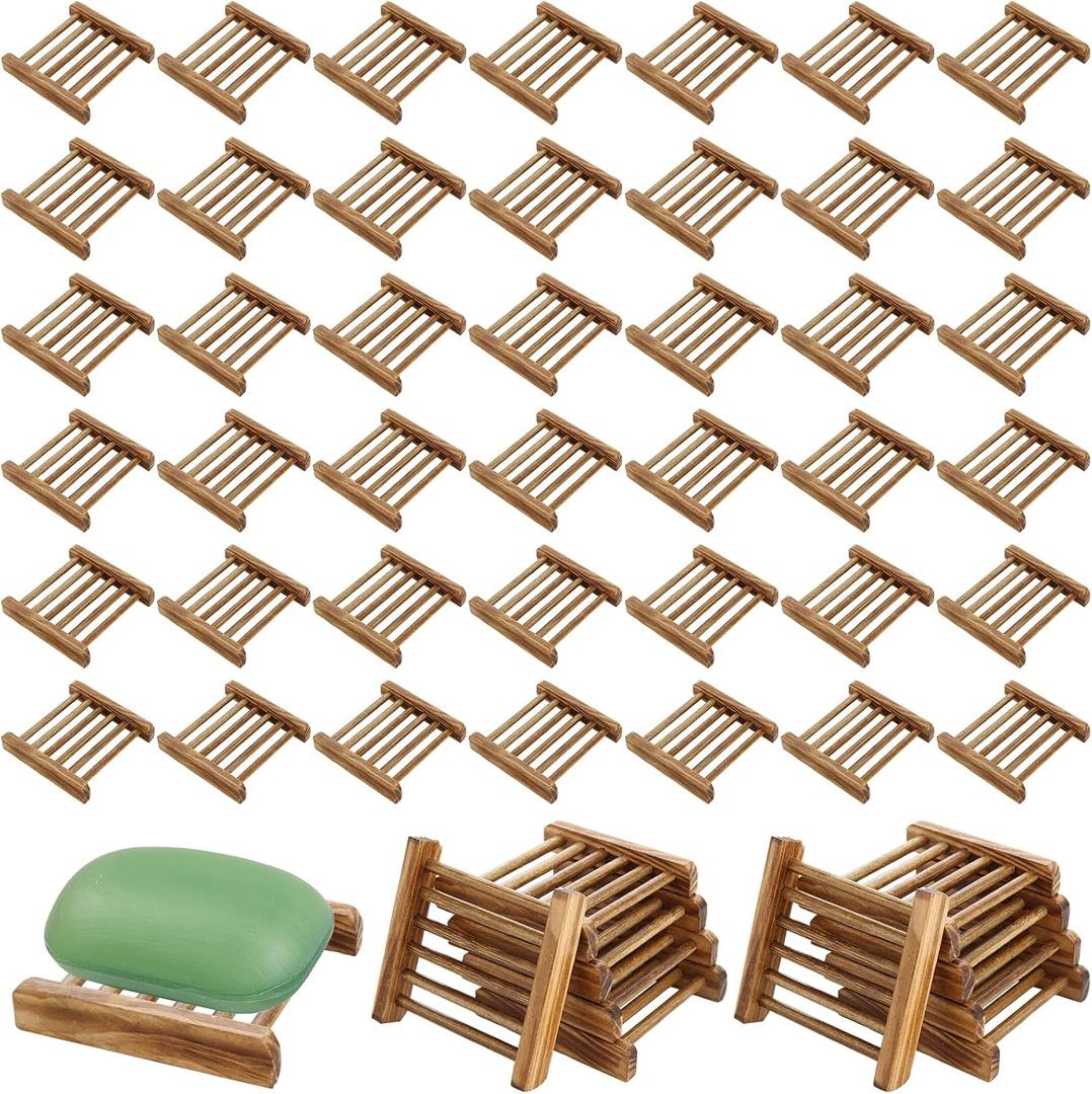50 Pcs Bamboo Wood Soap Dish Bulk Natural Wooden Soap Holder Savers, Self-Draining Bathroom & Kitchen Soap Trays, Durable Handcrafted Wooden Soap Dishes 3.3 x 3.4 x 0.67 Inch
