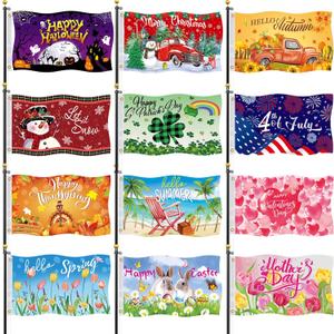 Seasonal Garden Flags Set of 12-3x5 ft Large Outdoor Yard Flags for All Seasons, Fall, Winter, Halloween, and Christmas - Holiday House and Garden Flags for Outside Decor