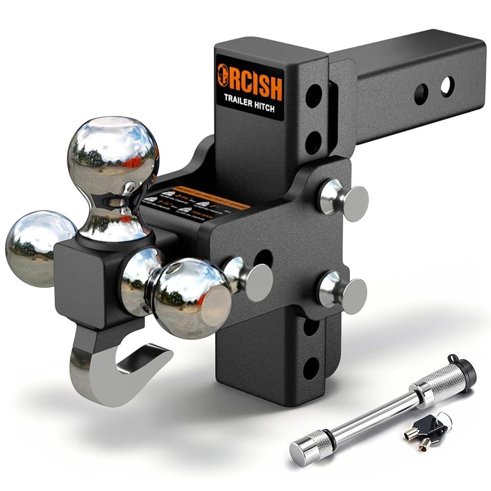 Adjustable Trailer Hitch, 360° Swivel Tri Ball Mount with Tow Hook & Lock | 2.5" Receiver Tow Hitch with 5" Drop/Rise, Heavy Duty Rotating Drop Hitch Rated 18,000LB GTW, 1-7/8", 2" & 2-5/16" Ball Sizes