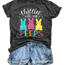 Happy Easter Shirt Women Chillin with My Peeps Tee Shirt Cute Rabbit Graphic T-Shirt Easter Gift Tee Tops (XL, Dark Grey)