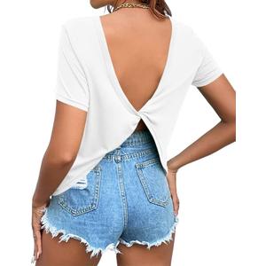 Women's Twist Backless Short Sleeve T Shirts Tops Round Neck Curved Hem Casual Workout Tee T-Shirts (White, L)