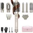 8-in-1 Dual Voltage Hot Air Styler & Hair Dryer Brush (100-240V) with Straightener & Curler Attachments, 110,000 RPM Ionic Fast Drying for Frizz-Free Styling, Gifts for Mom Women