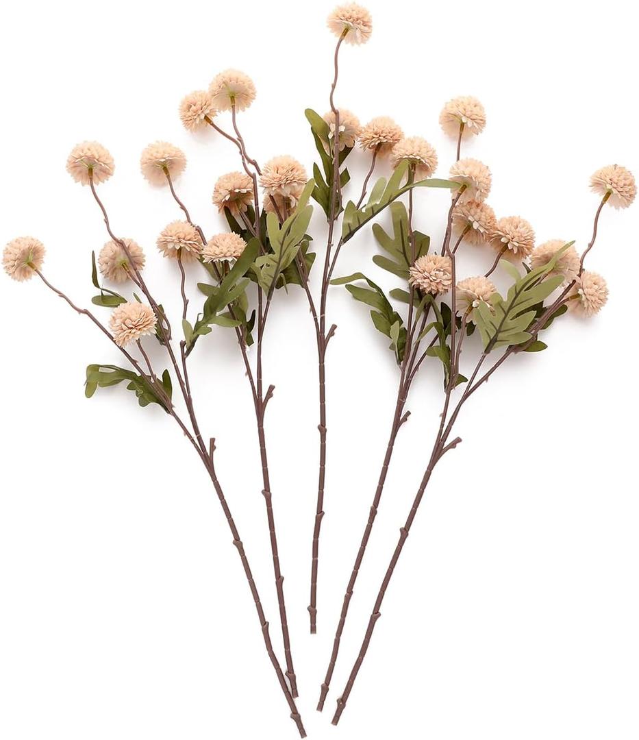 Laelfe Artificial Pompon Mum, 5Pcs Fake Kiku Flowers Silk Small Mini Chrysanthemum Ball Faux Mum Decor for Vase Filler DIY Bouquet Centerpieces Arrangements Shower(Beige)