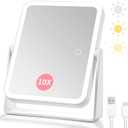 DESCHEN Rechargeable Travel Makeup Vanity Mirror with Lights and Magnification, Portable 10X/1X Magnifying Mirror with 360 Rotation LED Mirror (White)