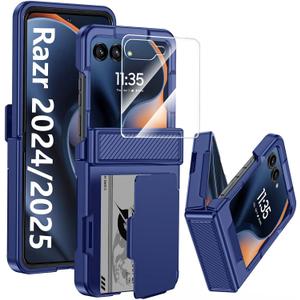 GooseBox for Motorola Razr 2025 Case Wallet RFID Card Holder&Hinge Protection&HD Screen Protector, Full Body Shockproof Cover for Motorola Razr 2025/Razr 2024(Blue)