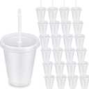 Roshtia 24 Pack Plastic Tumblers with Lid and Straw Reusable Cups Bulk Water Bottles Iced Coffee Travel Mug Cup for Birthdays Party Juices Adults Kids (White,16 oz), 4 Count