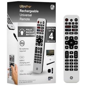 GE Rechargeable TV Remote Control, Universal Remote Control, Backlit Buttons, Samsung TV Remote Control Replacement for Smart TVs, Apple TV, Sony, Roku Replacement Remote, LG TV, 4-Device, 80984