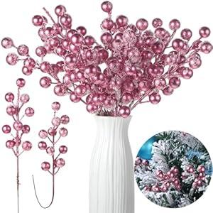 Censen 36 Packs Snow Frosted Artificial Berry Stems 8 Inch Snowy Christmas Red Spray Picks Holly Berry Branches for Christmas Tree Decoration Holiday DIY Crafts Ornaments Home Decor (Rose Pink)