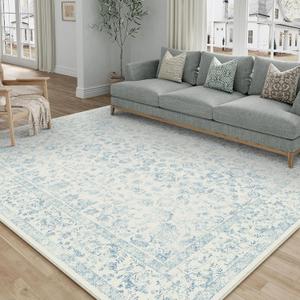 PureCozy 5x7 Blue Area Rug Non Slip Vintage Living Room Distressed Machine Washable Carpet Traditional Indoor Bedroom Blue Retro Floral Accent Throw Rug for Office Kitchen Dorm Dining Room