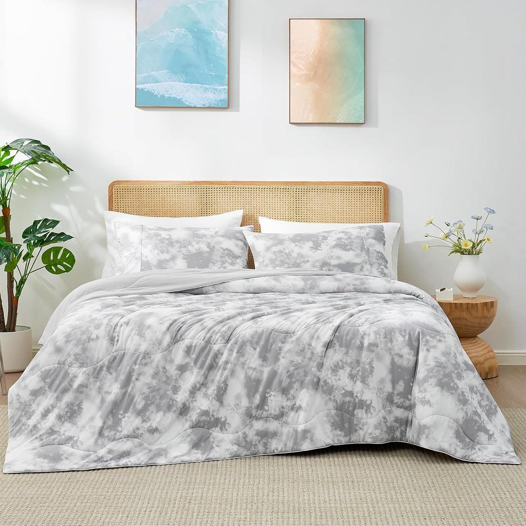 Cozy Bliss Cooling Comforter Set Twin Size, Double-Sided Cool Tech Cooling Blankets for Hot Sleepers and Night Sweats, Silk Smooth Summer Comforter with 1 Pillowcase, Tie-dye Gray (Twin(60"x90"), Tie Dye Gray)