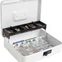 Cash Box with Money Tray and Combination Lock, Parrency Large Money Box, 5 Compartments for Coins & 4 Spring-Loaded Clips for Bills, 11 4/5" x 9 2/5" x 3 1/2", White