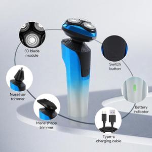 Electric Razor for Men, Rechargeable Waterproof Men Electric Shaver, Wet & Dry Shaving with Cordless Beard, Nose Hair Trimmer, 1 Hour Fast Charging (Blue)