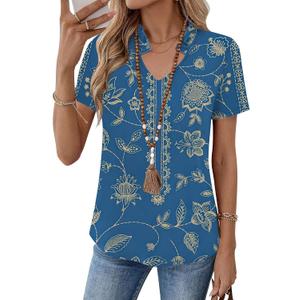 Kistore Womens Summer Tops Short Sleeve V Neck Casual Shirts Beach Vacation Dressy Work Blouses (Blue, L)