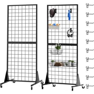 2-Pack Gridwall Panel Display Stand Heavy Duty Removable Floor Mounted Detachable Grid Display Stand 2' x 5.5' Ft Display with Additional Hook - for Retail Art Fair (Black Finish)