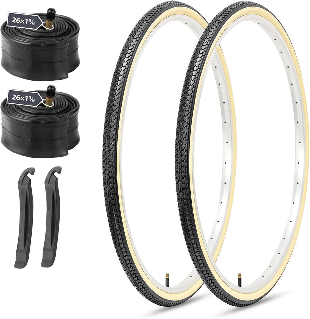 MOHEGIA 26x1 3/8 Inch Bike Tires (37-590 mm) - 2-Pack Folding Replacement Tires with Inner Tubes, Schrader Valve & Tire Levers for Vintage Urban Bicycles