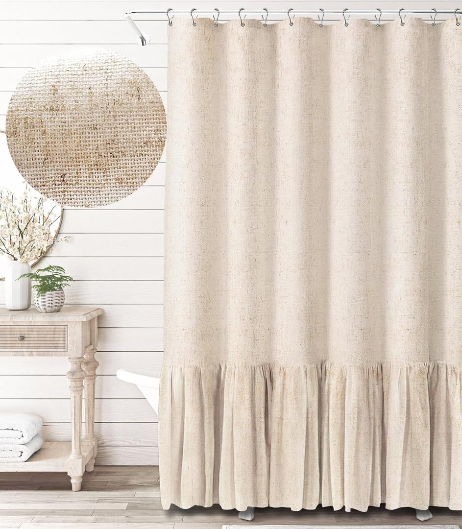 Awellife Farmhouse Shower Curtain Ruffle Linen Textured Boho Shower Curtain for Bathroom, Beige 72" W x 72" L
