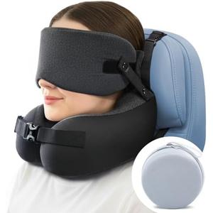 Travel Pillow for Long Flight Airplanes, Head Strap with Soft Eye Mask for Sleep, Memory Foam Travel Neck Pillow for Car Trip Essential, 360° Headrest Support to Stop Bobblehead, EVA Travel Case, Grey