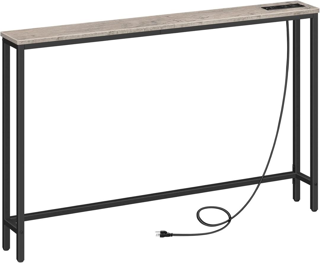 HOOBRO 47.2" Skinny Console Table with Power Outlets, 5.9" Behind Couch Table with Charging Station, Narrow Sofa Table, Long Entryway Table for Living Room, Hallway, Foyer, Greige BG15XG01G1, 47.2"L x 5.9"W x 31.5"H