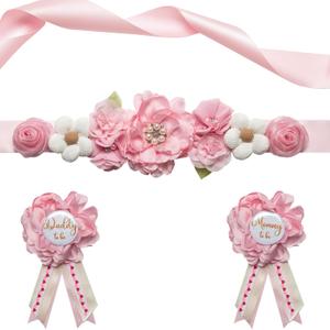 Pink Maternity Sash Set Daddy and Mommy to be Corsage Pin Flowers Baby Shower Souvenir Sash Supplies Gender Reveal Decorations Pregnancy Photography PropsPink