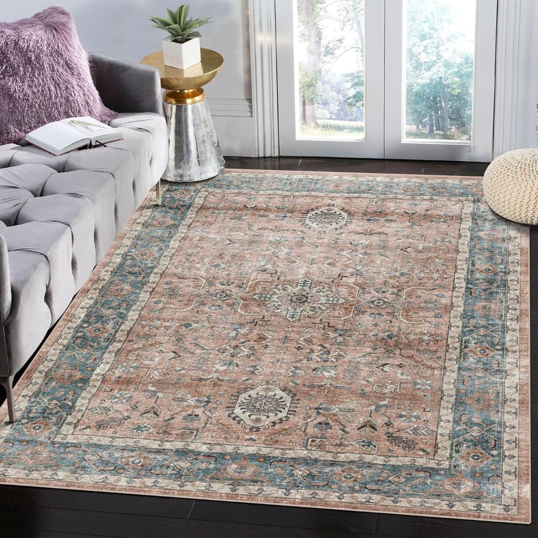 Poeti Washable Rug, Ultra Thin 8x10 Area Rugs - Non Slip Carpet - Large Area Rugs for Living Room Bedroom Rug - Vintage Floral Rug, Salmon/Pink