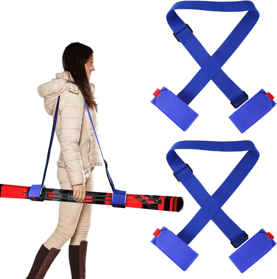 2 Pairs Ski Fastener Tapes, Adjustable Ski Boot Straps with Protector Pads Ski Carrier Straps Ski Wraps Ties Gear Storage for Ski Poles Boards Carrying Outdoor Winter Sports Accessories (Blue)