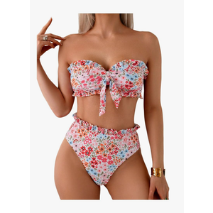 SOLY HUX Women's Bandeau Bikini Set Tie Knot Front Frill Strapless High Waisted Bathing Suit Two Piece Swimsuit, Size Medium