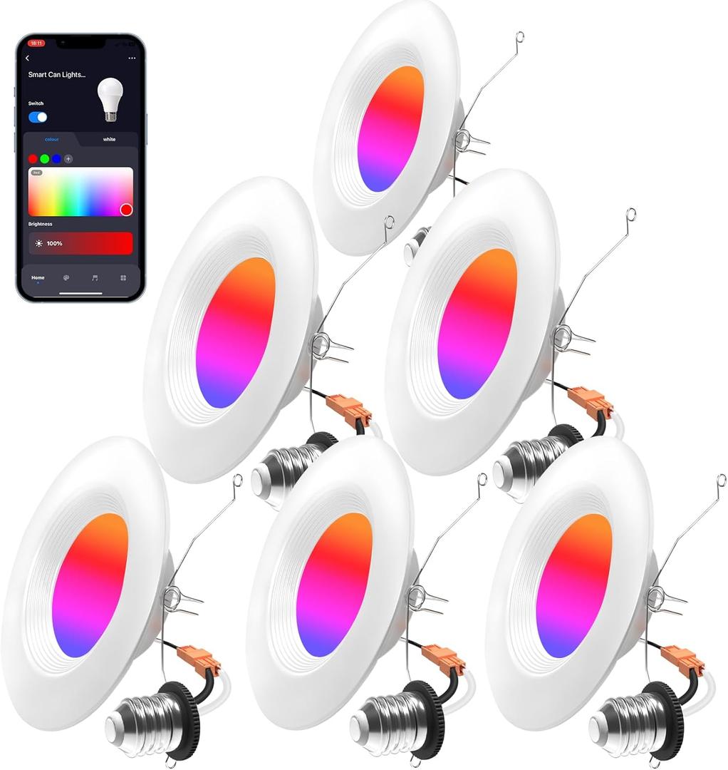 Smart Recessed Lighting 5/6 Inch - 6 Pack Wi-Fi RGB Color Changing LED Recessed Can Lights, 13W 1050LM Dimmable Retrofit Recessed Downlight Wafer Lights, Work with Alexa, Google, Siri