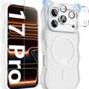 HIFDVD 3 in 1 Magnetic for iPhone 17 Pro Case for Women Girls,1X Screen Protector+1X Camera Lens Protector,Compatible with MagSafe,Translucent Matte,Cute Cat-Ear Wavy Phone Case,6.3",Milky White