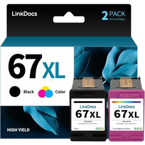 LinkDocs 67xl Ink Cartridges Combo Pack Remanufactured Replacement for HP Ink 67 Work with HP DeskJet 2855e 2800e 2755e Envy 6055e Pro 6400 6455 DeskJet 2732 2752 Printers (2-Pack Black&Tri-Color)
