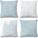 Coastal Beach Pillow Covers 22x22 Set of 5 - Beachy Room Decor Aesthetic, Coastal Beach House Decor, Starfish Seashell Coral Decorative Throw Pillow Covers (Double-Sided) (Starfish-baby Blue)