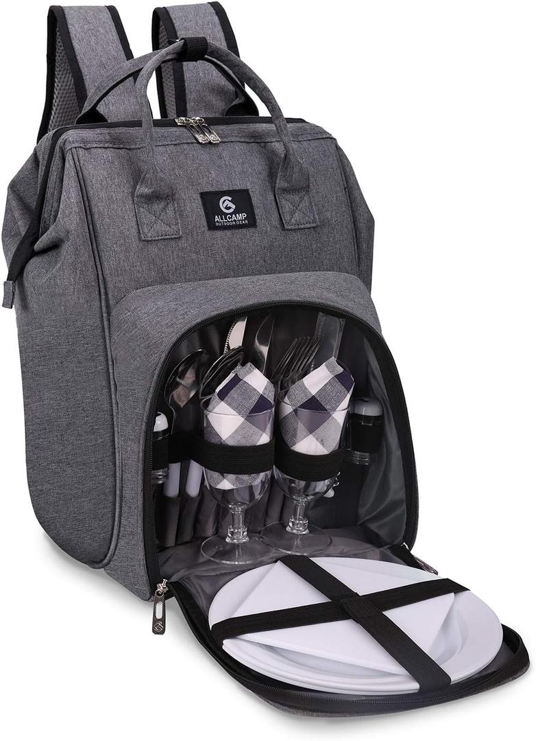 ALLCAMP Picnic Backpack for 2 Person - Insulated Cooler Bag with W/Fleece Blanket, Plates and Cutlery Set, for Family Outings, Couple Gifts (Lead Gray)