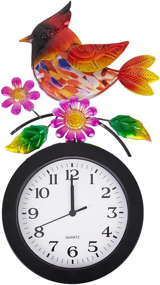 Outdoor Clock with Cardinal and Flowers, Cardinal Birds Outdoor Wall Clock Waterproof, Silent No-Ticking Outdoor Clocks for Garden, Fence, Patio, Living Room