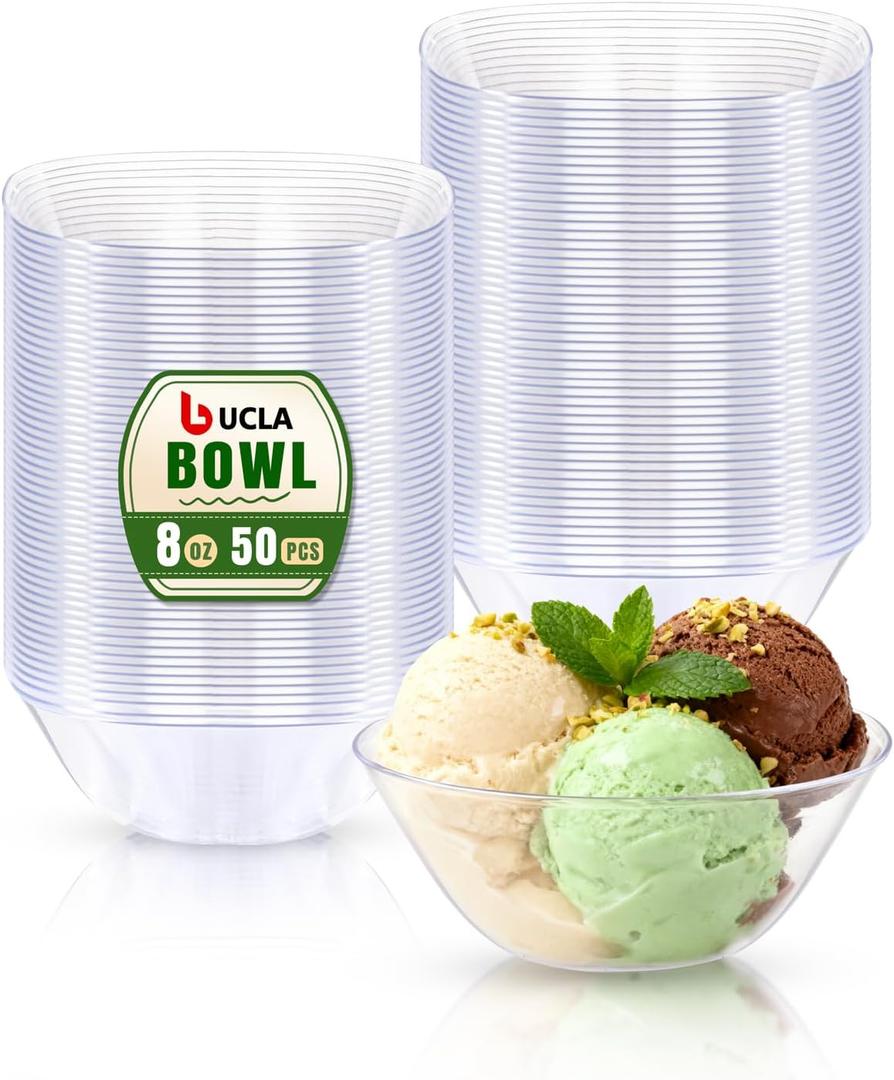 bUCLA 50Pack Clear Plastic Small Bowls - 8oz Disposable Ice Cream/Salsa/Dipping/Dessert/Sauce/Small Serving Bowls for Party