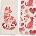 Cat Kitchen Towels Set of 2, Cat Gifts for Women, Red Hearts Floral Hand Towel for Bathroom, Vintage Red and White Kitten Decorative Hand Tea Dish Towels for Kitchen Decor 16x24in