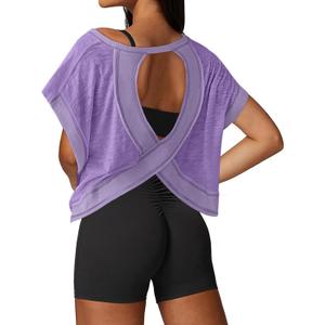 UNIANKIYA Open Back Workout Tops for Women Loose Fit Athletic Crop Tee Short Sleeve Gym Running Yoga Shirt (XL, Purple)