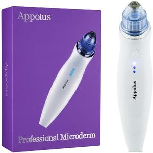 Microdermabrasion Machine - Appolus Premium Diamond Microdermabrasion Device Tool for Flawless Glowing Skin - Blackheads Remover - 2 Diamond Tips - 5 Heads (White - Anti Aging Device)