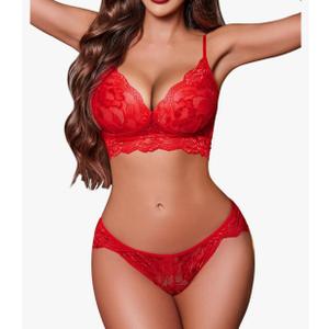 ADOME Women's Lace Lingerie Bra and Panty Set Strappy Babydoll Bodysuit ,L