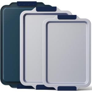 Non Stick Ceramic Baking Sheet Pan Set of 3, Natural Non Toxic Cookie Sheets for Baking - PFOA, PTFE Free, Heavy Duty Aluminized Steel Oven Trays for Cooking with Silicone Handles, Navy
