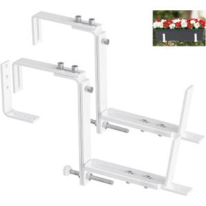 Y&M 2 Pack Deck Railing Adjustable Planter Box Brackets (6 to 12.5 in), Universal Window Box Brackets, Heavy Duty Iron Flower Box Wall Mounting Hooks for Balcony, Fences, Patio, and Garden - White